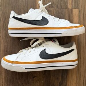 Nike Court Legacy Women’s 8.5 White Sneakers with Black Swoosh and Orange Trim